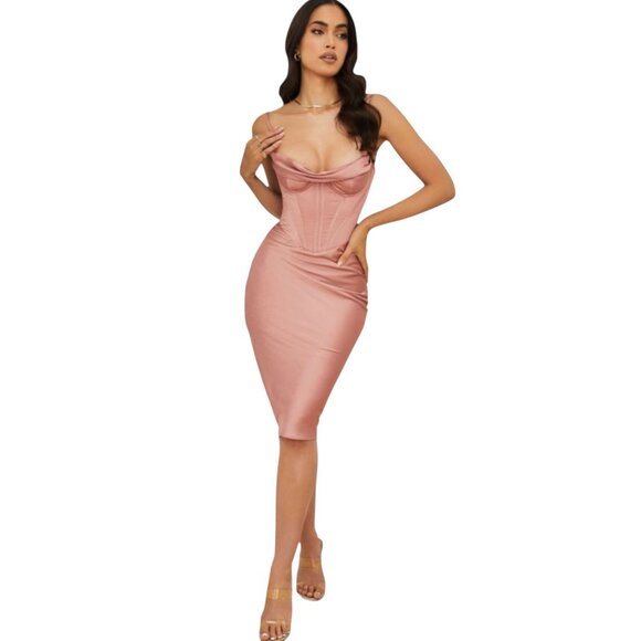 House of CB London Myrna Rose Satin Corset Slip Dress Fitted Cocktail Party Sm - Picture 2 of 14